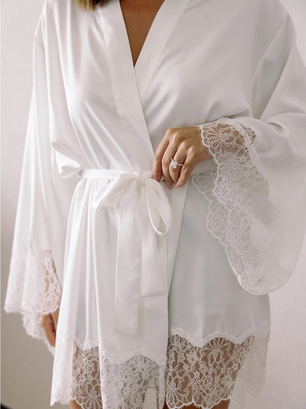 Satin Lace-Trim Short Robe - White